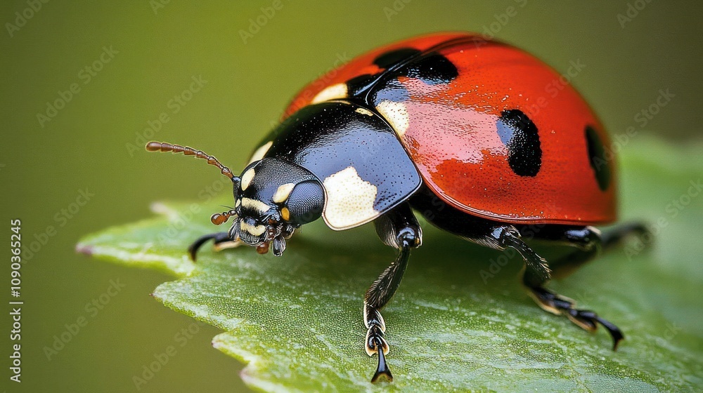 Fototapeta premium A close-up of a vibrant red ladybug resting on a green leaf.