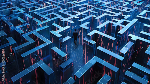 Debt Concept, Individual lost in a maze made of stock market graph photo