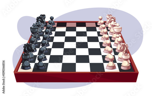 Chess board with arranged black and white pieces on checkered surface ready for match start. Wood framed playing field with glossy figurines positioned in traditional setup. Strategy game tournament.