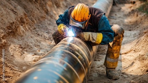 A focused shot of a welder performing pipeline welding on a gas pipeline construction site, Pipeline welding scene, Skilled and meticulous style photo