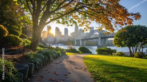 A beautiful park with walking paths and views of the bridge city skyline