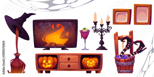 Halloween interior design accessories set isolated on white background. Vector cartoon illustration of witch hat, broomstick, burning fireplace, pumpkin lanterns, chandelier with candles, spider web