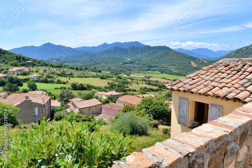 Ajaccio olive groves stretching across the rolling hills, dotted with small stone cottages photo