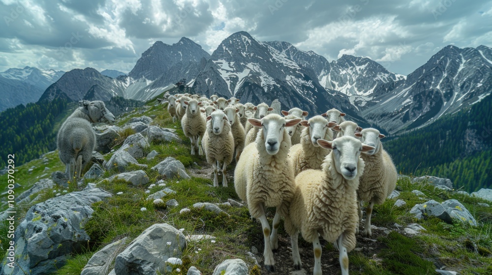 Fototapeta premium Flock of Sheep on a Mountain Path