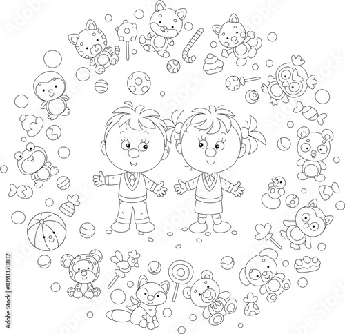 Happy little boy and girl surrounded by funny toys, black and white outline vector cartoon illustration for a coloring book