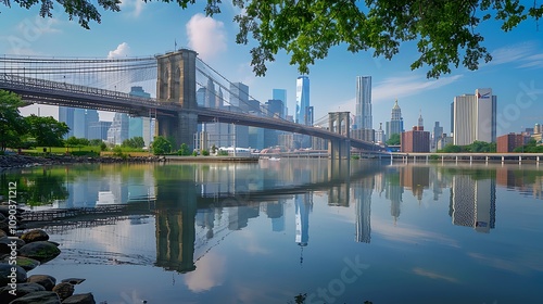 A beautiful waterfront park with a bridge and city skyline reflected in the water