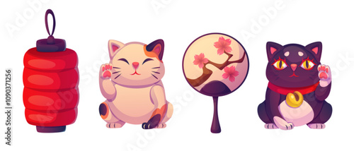Japanese decorative items - red paper lantern, lucky Maneki neko cats with waving paw in light and dark shades, hand held fan with cherry blossom branch image. Traditional good fortune Asian symbols.