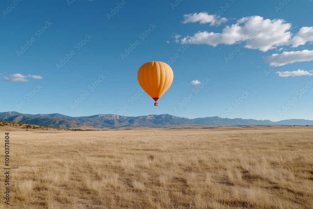 Naklejka premium Balloon air drifting over a desert landscape, with the golden dunes stretching endlessly below