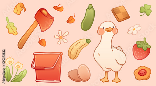 Pastoral cottagecore elements. Rustic life kawaii items - cute duck and wooden axe, red bucket and fresh eggs, garden ripe vegetables and juicy strawberry, leaves and blooming flowers, sweet cookies.