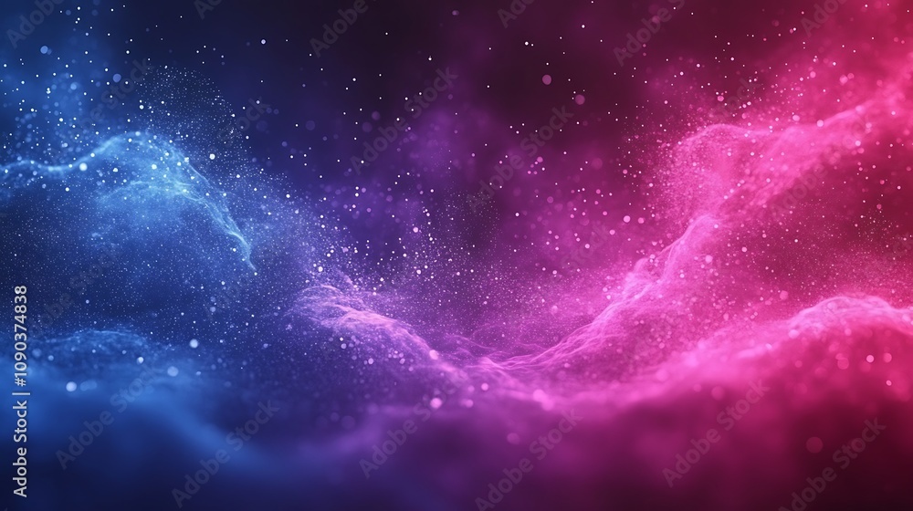 Fototapeta premium Abstract cosmic nebula with blue and pink glowing clouds and particles.