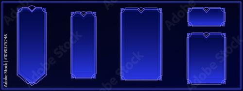 Decorative neon frames in different shapes with luminous blue glow on dark background. Rectangular banner layouts with thin geometric deco lines for game ui, menu screens or digital presentation.