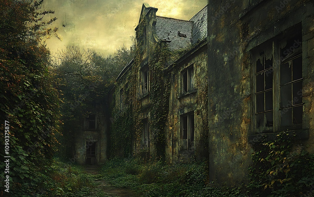 Obraz premium Abandoned overgrown mansion with broken windows, dark and eerie atmosphere.