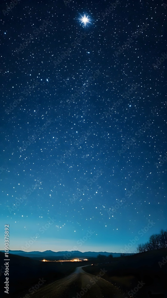 Naklejka premium Starlit night sky with bright star over calm rural landscape horizon