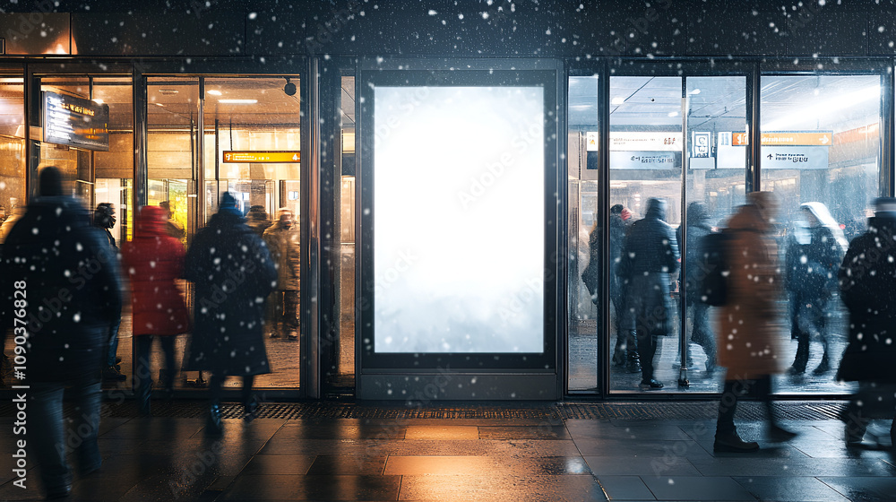 Fototapeta premium Blank subway poster mockup at a busy winter train station passengers in coats and scarves rushing by with snow falling