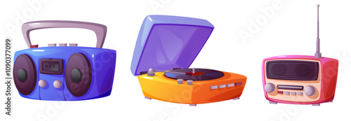 Retro music devices - blue boombox with cassette player, orange vinyl record turntable, pink portable radio receiver. Vintage audio equipment collection with analog sound. Classic entertainment gadget