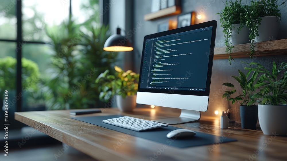 Fototapeta premium 4K shot of web design tools, depth of field focused on the mouse, background softly blurred.