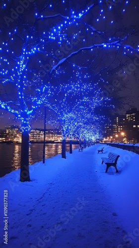 Blue fairy lights wrapped around trees on the Thames, London. 