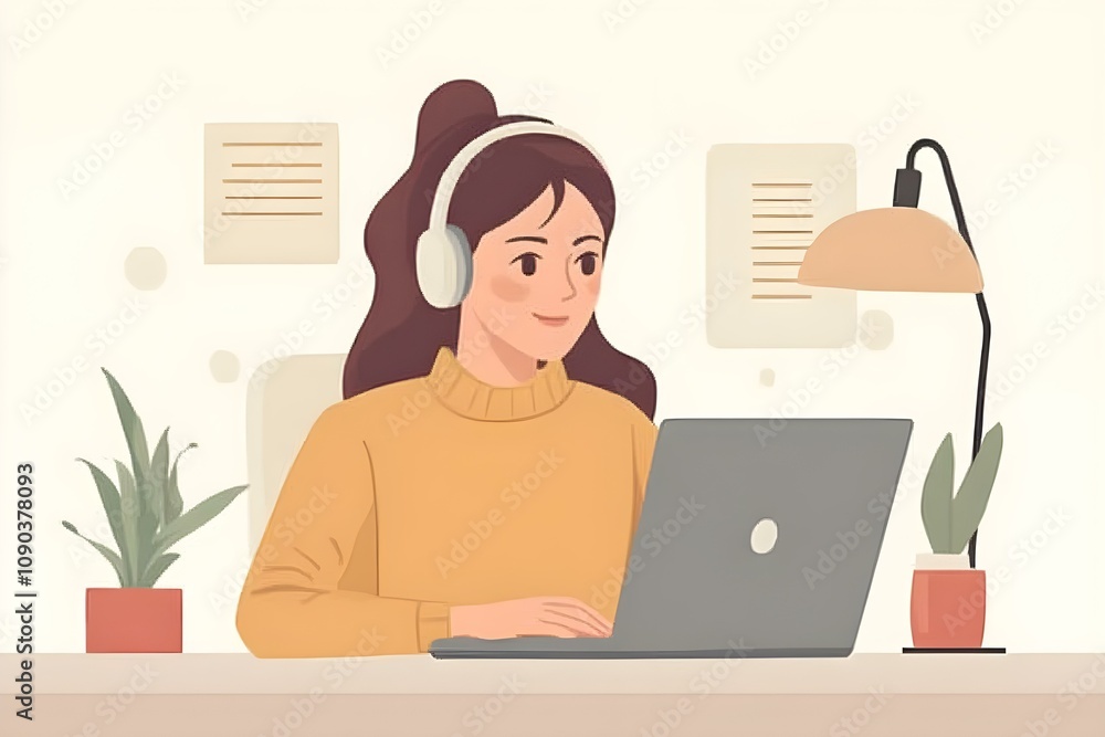 Female Customer Service Worker Working on Laptop Female Customer Service Worker Working on Laptop