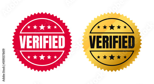 Verified stamp, circle with checklist icon. Red and gold circle with verified circular text. Vector Illustration