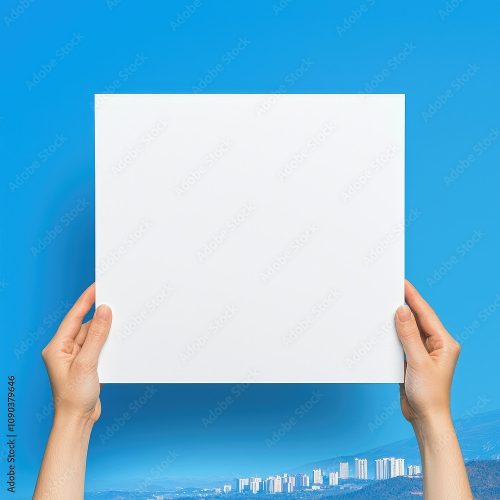 Obraz premium Hands holding blank white paper against a blurred city skyline and blue sky.