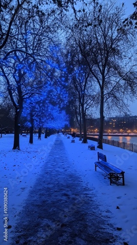 Blue fairy lights wrapped around trees on the Thames, London. 