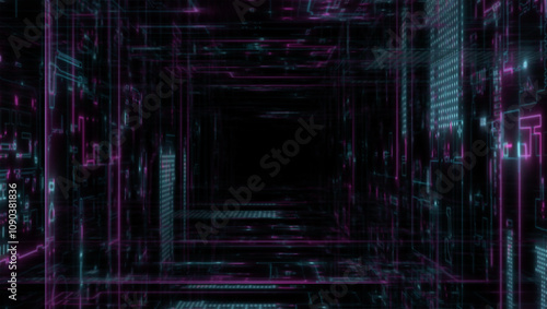 Futuristic Digital Corridor with Neon Lights and Abstract Geometric Patterns