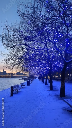 Blue fairy lights wrapped around trees on the Thames, London. 