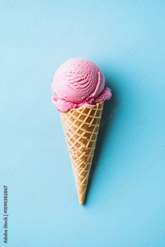 Bubblegum Flavored Ice Cream in Waffle Cone Against Pastel Blue Background Bubblegum Flavored Ice Cream in Waffle Cone Against Pastel Blue Background