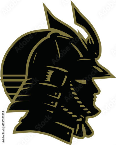  Japanese samurai helmet black gold silhouette icon. Shogun armor symbol design vector illustration