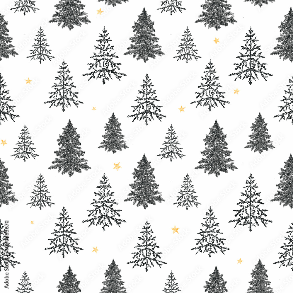 Obraz premium Fir tree seamless pattern. Beautiful Christmas background with hand drawn abstract fir trees. Ready Happy New Year surface pattern print design.