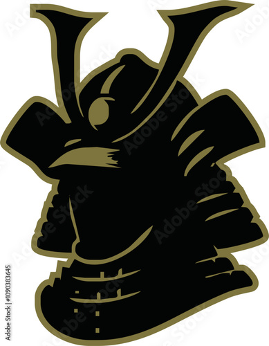  Japanese samurai helmet black gold silhouette icon. Shogun armor symbol design vector illustration