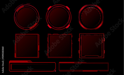 Futuristic red digital frames collection with circular borders, rectangular shapes and elongated banners for game interface design in cyberpunk style. Modern geometric sci fi aesthetic text boxes.