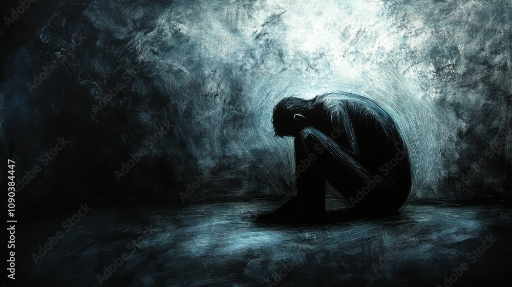 Fototapeta premium Dark Room with Curled Figure on Floor