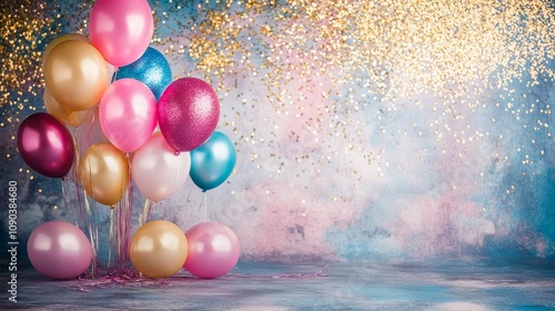 Pastel Balloons and Gold Glitter Festive Background. Birthday Party Background.