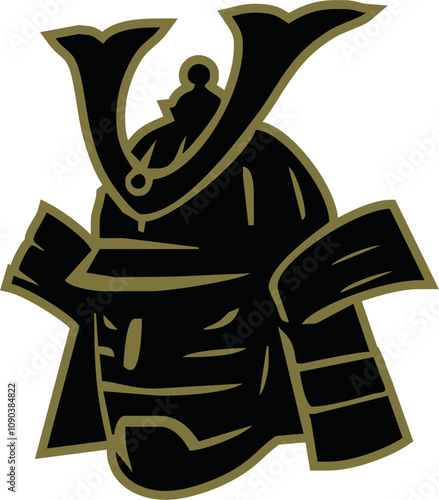  Japanese samurai helmet black gold silhouette icon. Shogun armor symbol design vector illustration