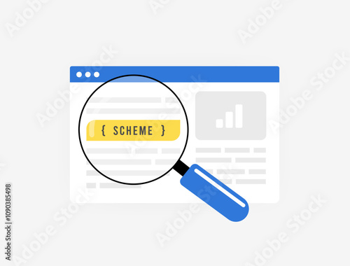SEO schema markup concept - structured data, search engine optimization, enhanced search results and improved website visibility. Magnifying glass and web interface with schema markup illustration