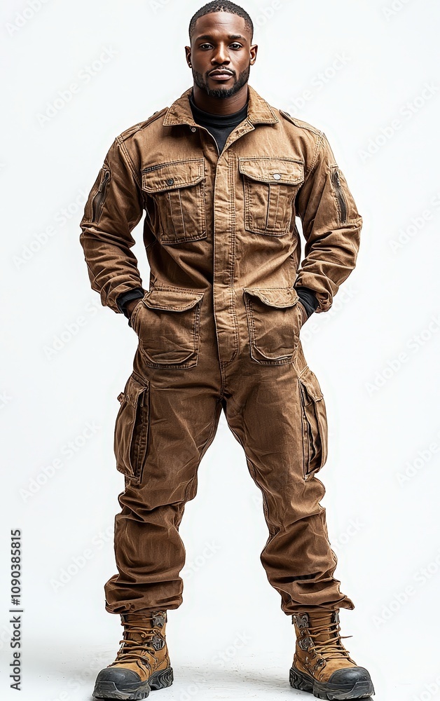 Fototapeta premium Confident man in brown tactical jumpsuit and boots posing against white background