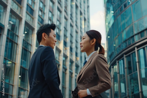 Two professionals in an office setting having a conversation. photo