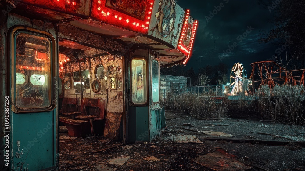 Obraz premium Here's a and keyword list for your image.. Abandoned carousel at night, showing decay and rust.