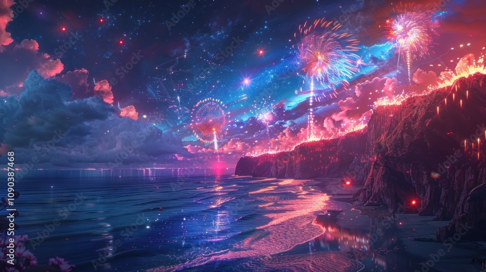 Fototapeta premium A surreal landscape with a cliffside overlooking a calm sea. Fireworks explode in the night sky, casting colorful reflections on the water.