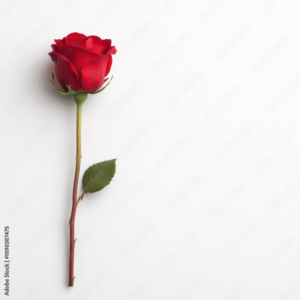 Fototapeta premium single red rose with green leaf, symbolizing love and beauty, rests elegantly on white background, evoking feelings of romance and tenderness