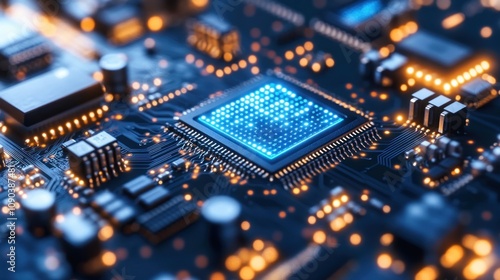 Close-up of a glowing central processing unit (CPU) on a circuit board