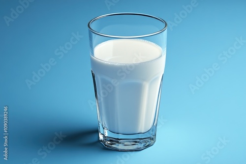 A glass of milk with a white froth on top, set against a solid blue background. photo