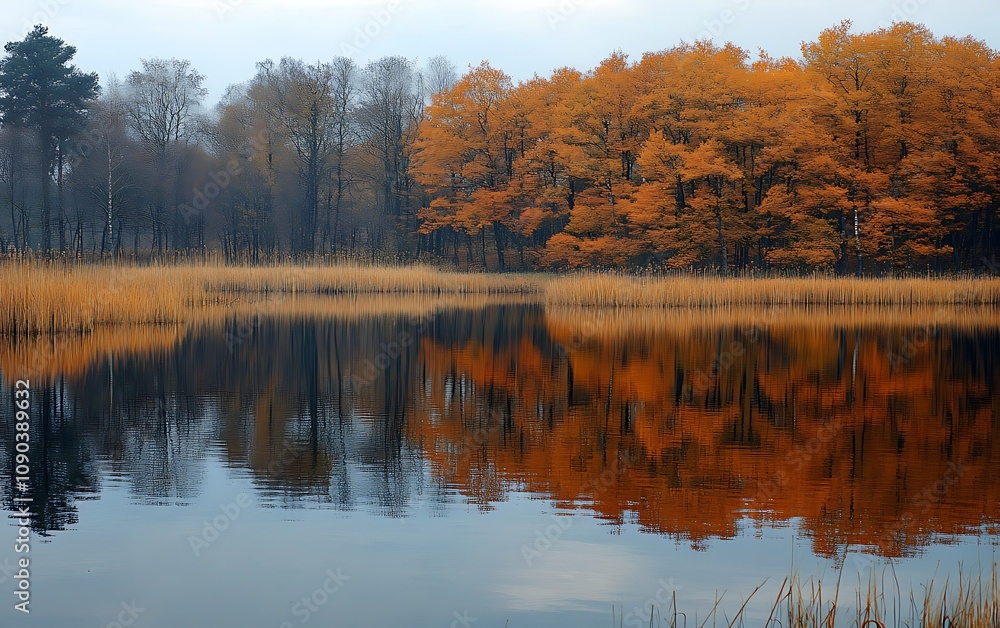 Obraz premium Autumn trees reflected in calm lake. (1)