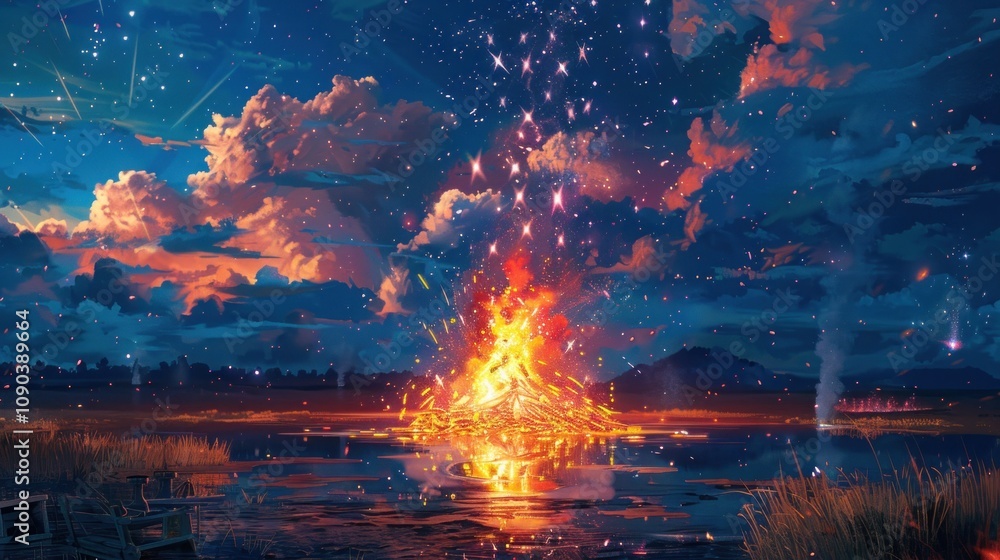 Fototapeta premium A fiery explosion in the sky with a reflection in the water.