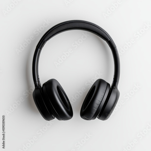 Sleek black wireless headphones with cushioned ear pads on light background, perfect for music lovers and audiophiles photo