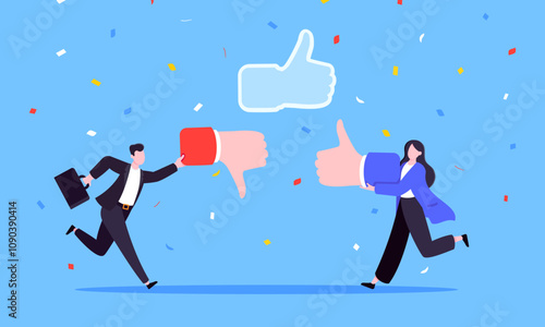 Customer feedback, employee or client satisfaction rating review with good or bad symbols - thumb up and down business concept vector illustration. Positive and negative feedback and evaluation