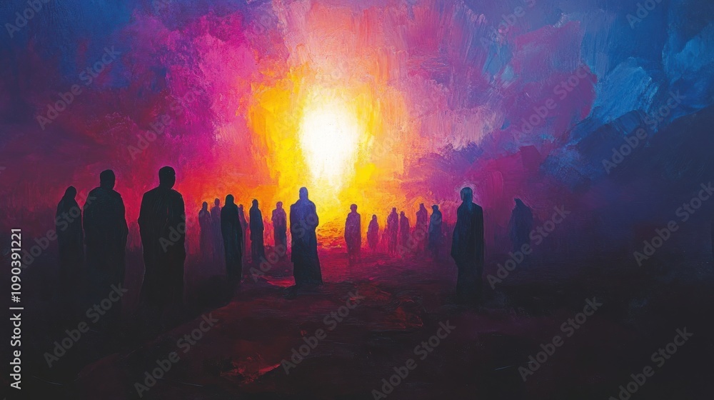 Fototapeta premium A vibrant, abstract scene depicting silhouetted figures against a glowing background.