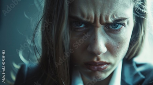 A woman with intense emotional expression, conveying seriousness and concern.