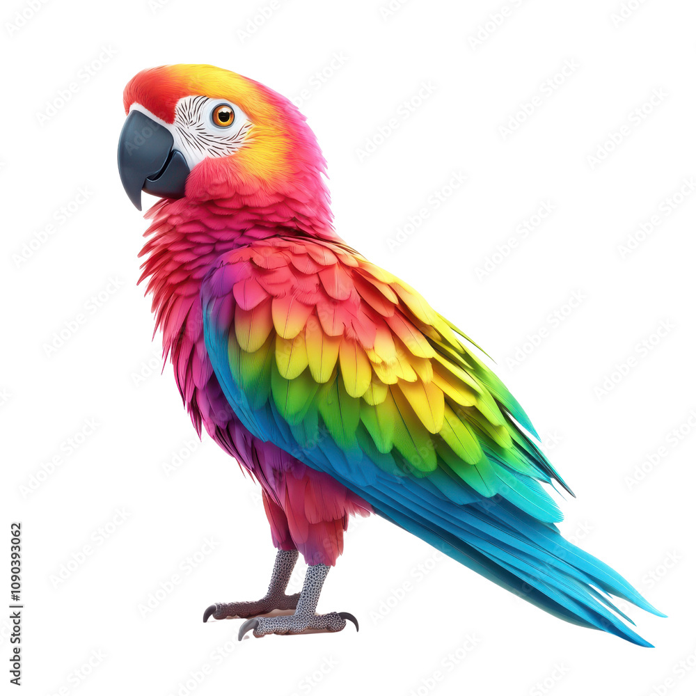 Fototapeta premium Vibrant Macaw Parrot with Stunning Multicolored Feathers Posing Gracefully Against a White Background, Showcasing Nature's Beauty and Diversity in Wildlife Photography
